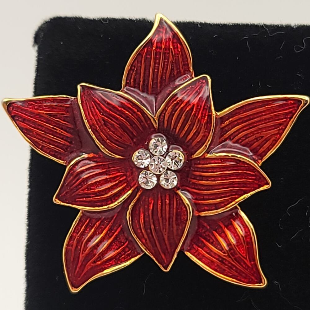 Vintage Eisenberg Ice Red Enamel Poinsettia Rhinestones  Pierced Earrings